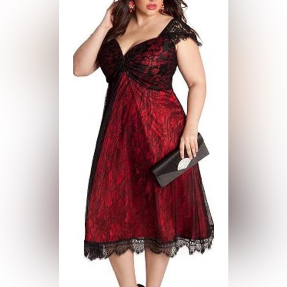 Elegant Black and Red Lace Midi Dress
